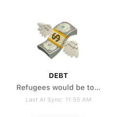 DEBT, flying money emoji, for a headline about refugees