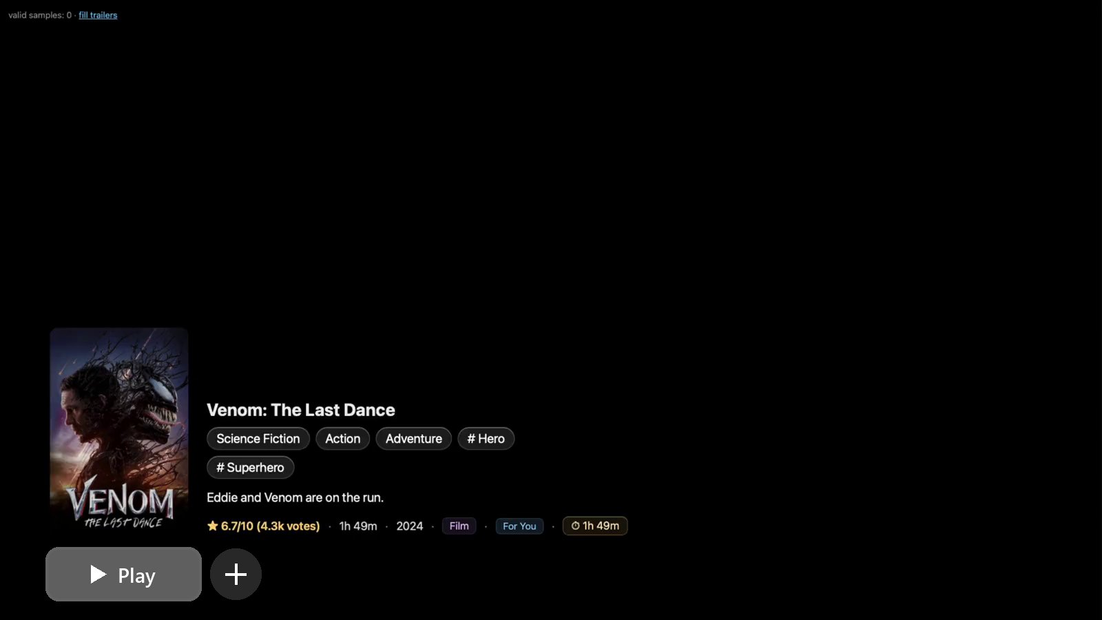 The Play-first screen: with the remote, focus moves to + and it turns into a tick, then Play is pressed and the screen goes black with “Now playing”