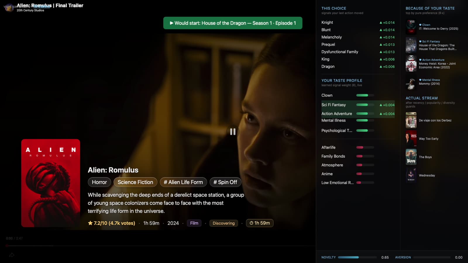Switching between trailers with the taste panel updating alongside