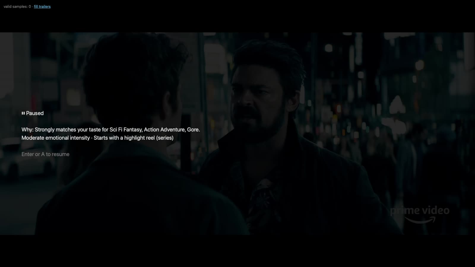 A paused trailer with a short explanation of why the title matched your taste