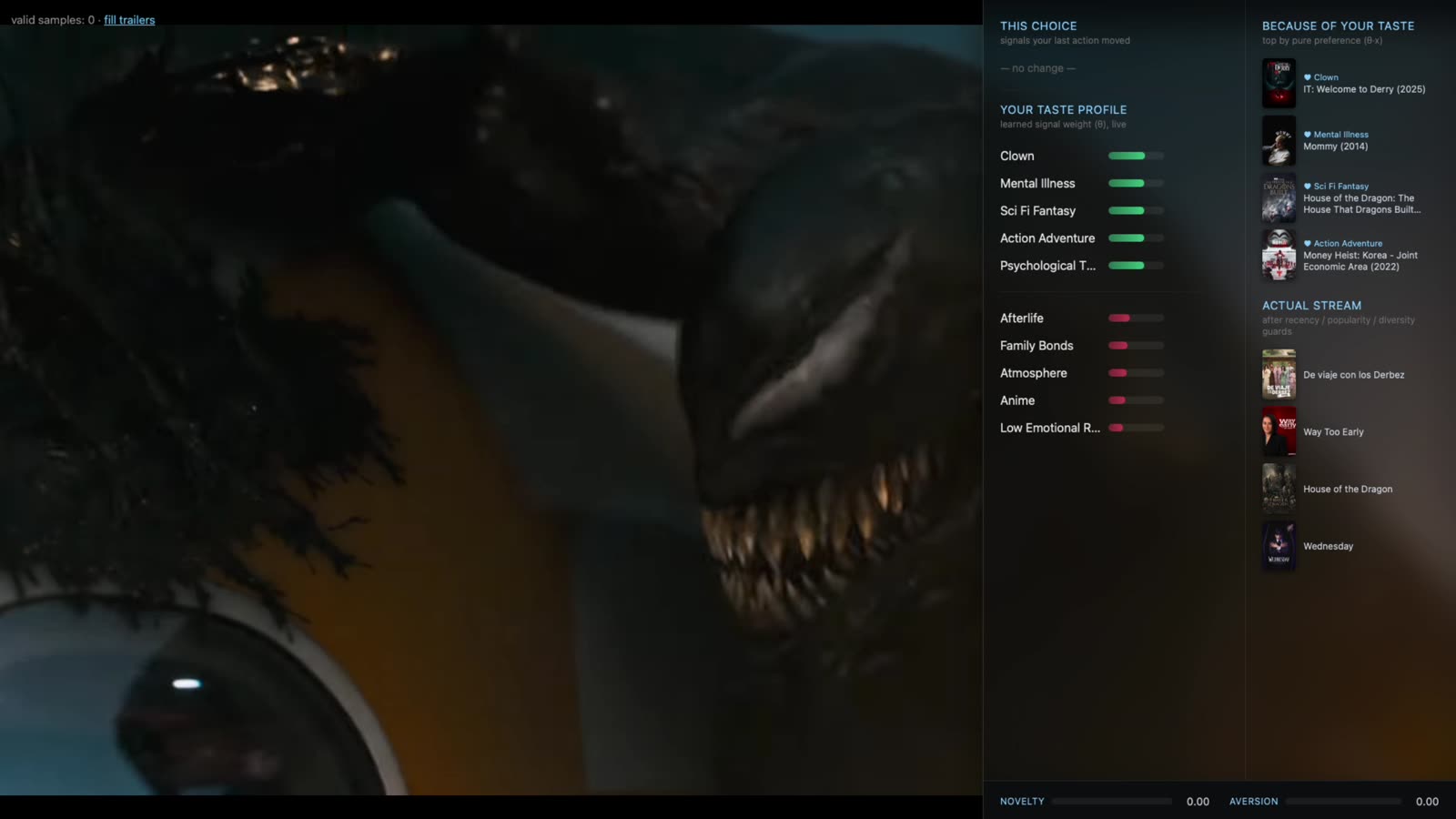 The taste side panel beside a playing trailer: this choice, taste profile bars, and the upcoming stream